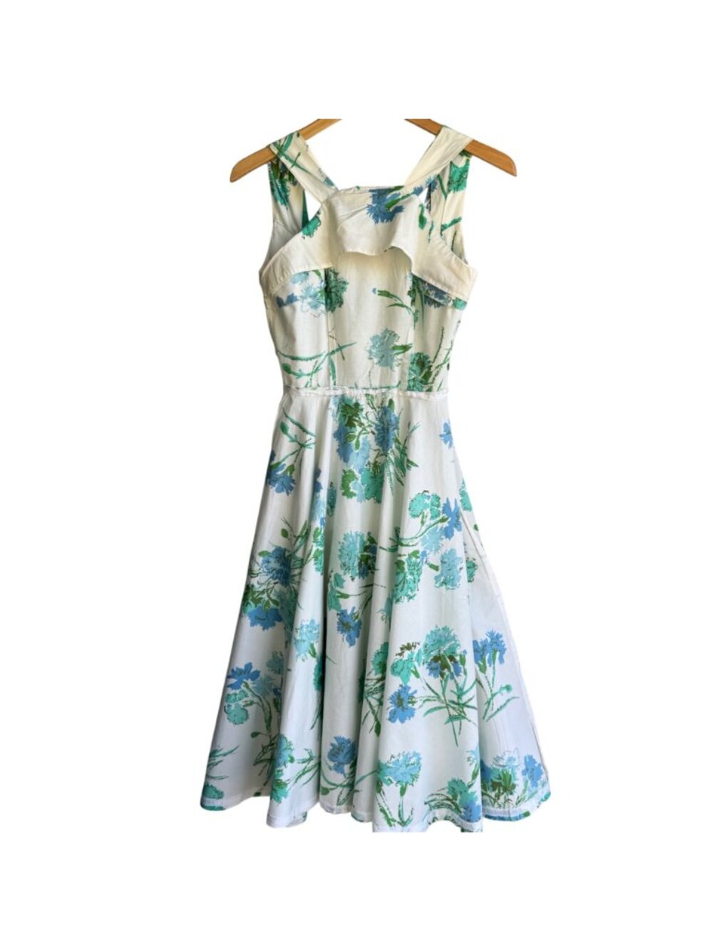 Womens Floral Sundress White & Blue Sleeveless Fit & Flare M (12) Vintage 50s - Picture 6 of 16